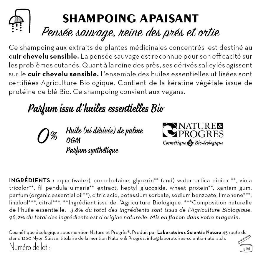 Contre étiquette - Shampoing Apaisant - Pensée sauvage, reine des près &amp; Ortie