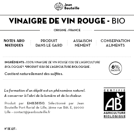 Contre étiquette - Vinaigre de Vin Rouge 6% - Bio