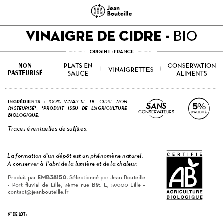 Contre étiquette - Vinaigre de Cidre 5% - Bio
