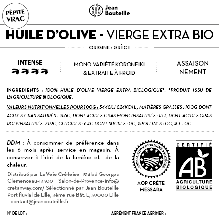 Contre étiquette - Huile d'Olive Vierge Extra - AOP Messara Crètes - Bio