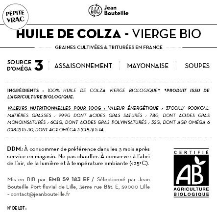 Contre étiquette - Huile de Colza Vierge FR - Bio - BIB 10L