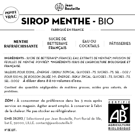 Contre étiquette - Sirop de Menthe Bio - BIB 5L