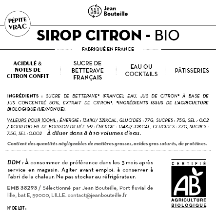 Contre étiquette - Sirop de Citron Bio - BIB 5L