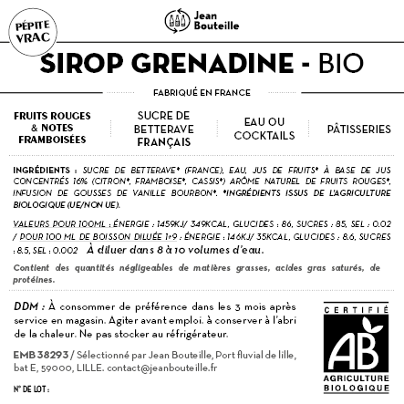 Contre étiquette - Sirop de Grenadine Bio - BIB 5L