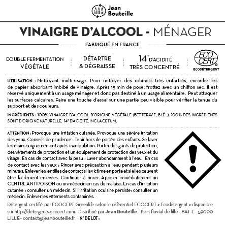 Contre étiquette - Vinaigre d'Alcool 14° - Eco Détergent