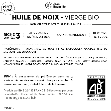 Contre étiquette - Huile de Noix Vierge - Bio - BIB3L