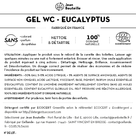Contre étiquette - Gel Nettoyant et Détartrant WC à l'Huile essentielle d’eucalyptus - BIB10L