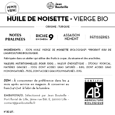 Contre étiquette - Huile de Noisette Vierge - Bio - BIB3L