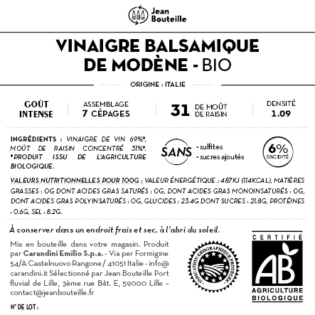 Contre étiquette -  Vinaigre Balsamique - ACETO BALSAMICO DI MODENA IGP 1.09 - Bio