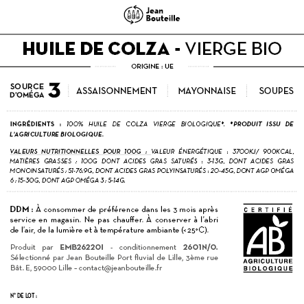 [CE0060] Contre étiquette - Huile de Colza Vierge - Bio