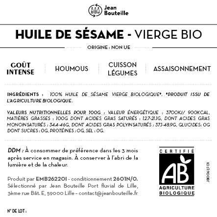 [CE0061] Contre étiquette - Huile de Sésame Vierge - Bio