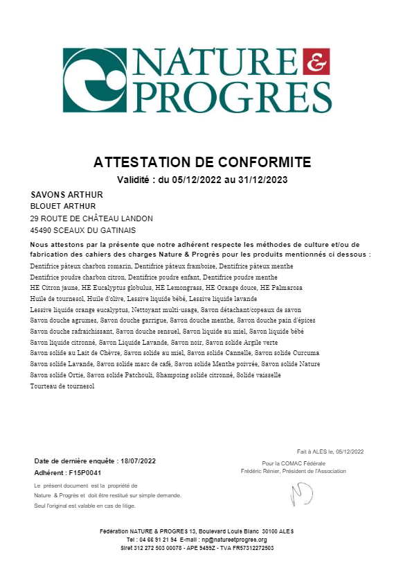 attestation de conformité N&P - SAVONS ARTHUR 2023