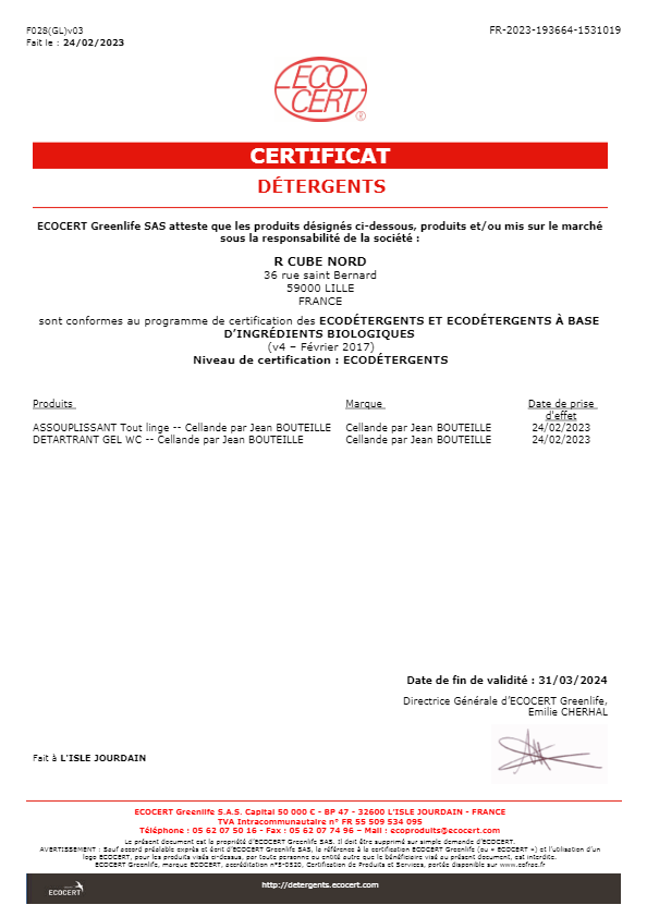 CERTIFICAT ECODETERGENT JEAN BOUTEILLE