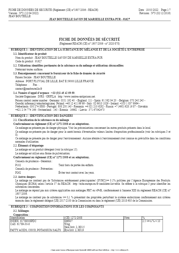 JB0541 Fiche de sécurité Savon de Marseille ménager