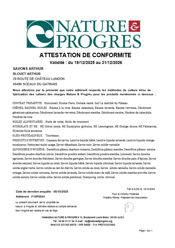 Attestation de conformité N&P - SAVONS ARTHUR 2026