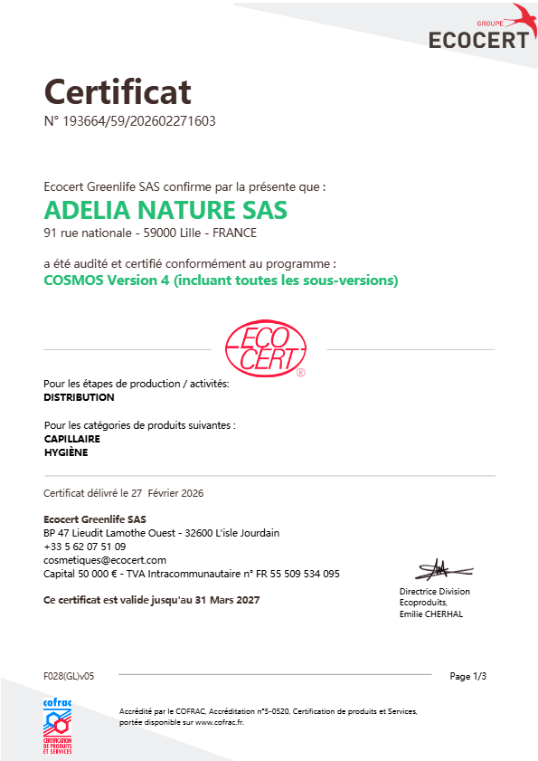 Certificat COSMOS ORGANIC - ADELIA NATURE JEAN BOUTEILLE 31.03.2027