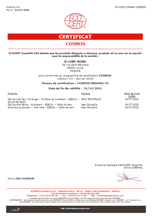 Certificats cosmos Ecocert - cosmétique -Jean Bouteille 