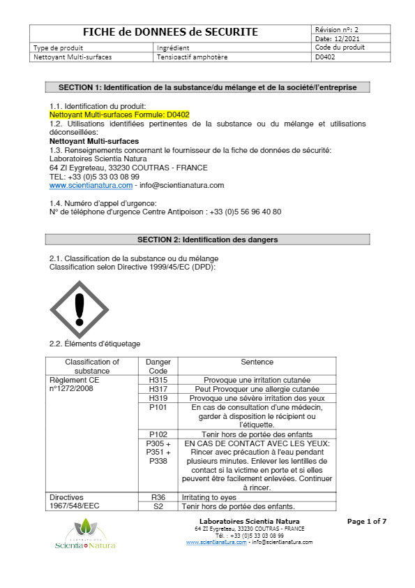 Fiche De Sécurité -Nettoyant Multi-surfaces SCIENTIA NATURA-SANYBIO