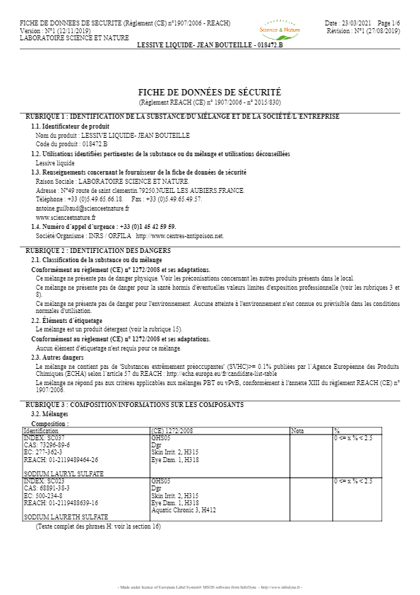 Fiche De Sécurité -LESSIVE LIQUIDE senteur lavande - SCIENCE & NATURE